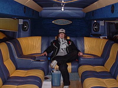 Dave the Roadie in the lounge on the tour bus